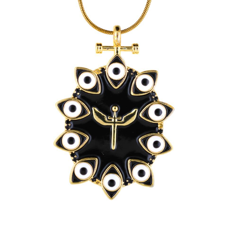 Colgante Acero Dorado Ángel y Ojos protectores circonitas negras