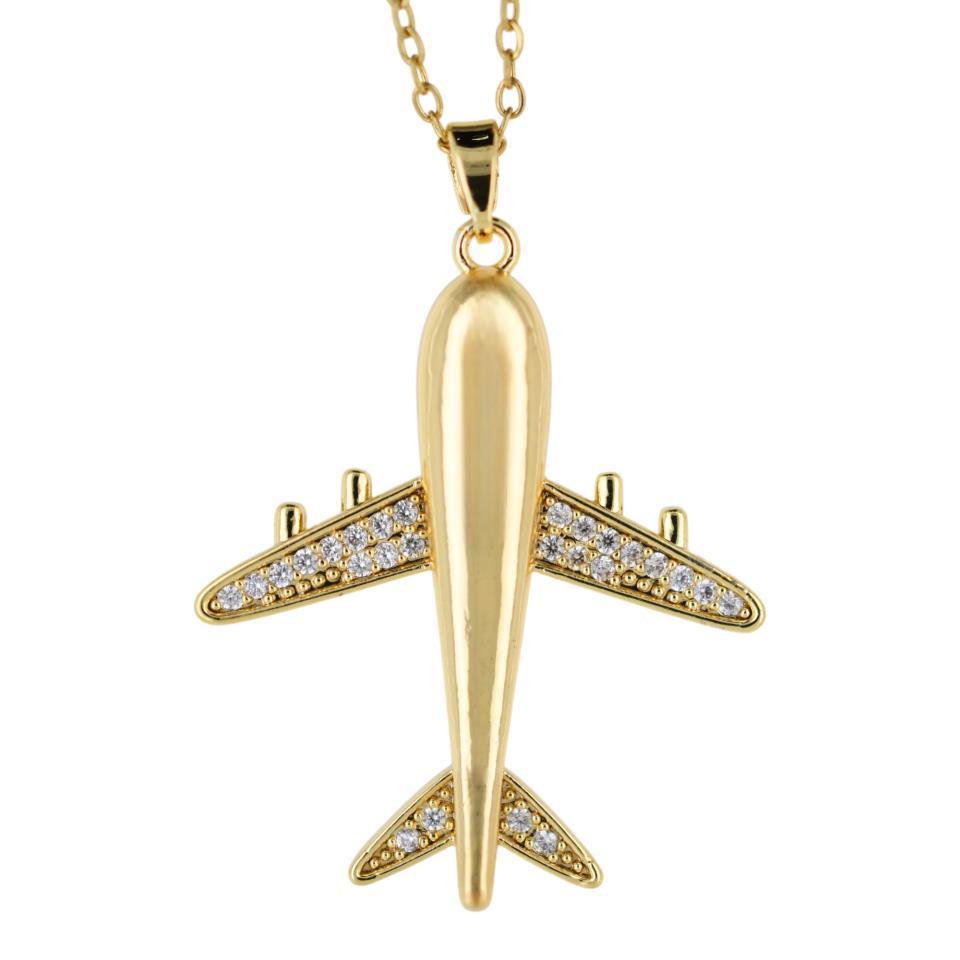 Colgante Acero Dorado Avión con circonitas