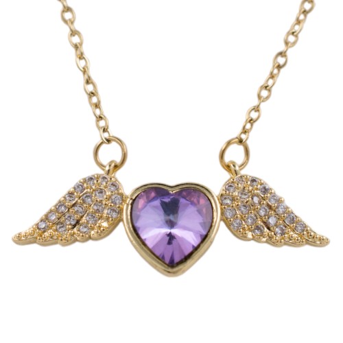 Colgante Acero Dorado Corazón Alas Circonita