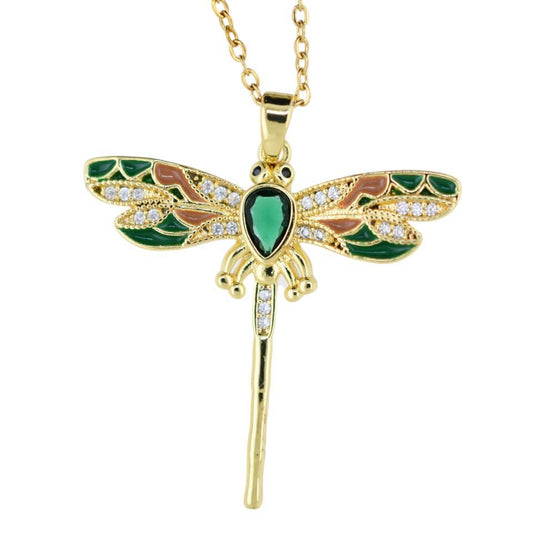 Colgante Acero Dorado Libelula circonita verde