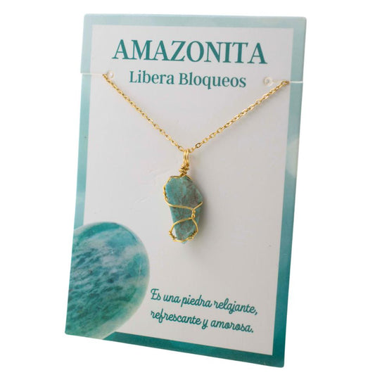 Colgante Acero Mineral Bruto alambre dorado- AMAZONITA