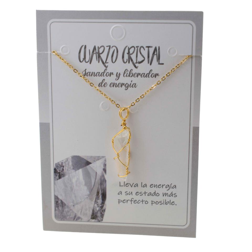 Colgante Acero Mineral Bruto alambre dorado-CUARZO CRISTAL