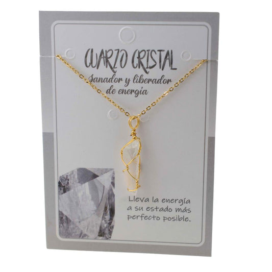Colgante Acero Mineral Bruto alambre dorado-CUARZO CRISTAL