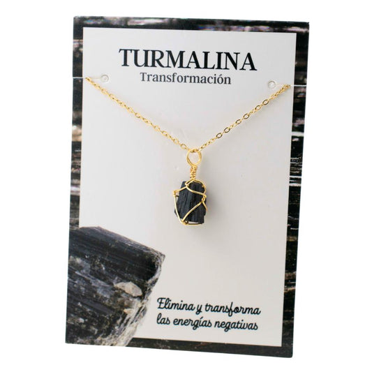 Colgante Acero Mineral Bruto alambre dorado- TURMALINA