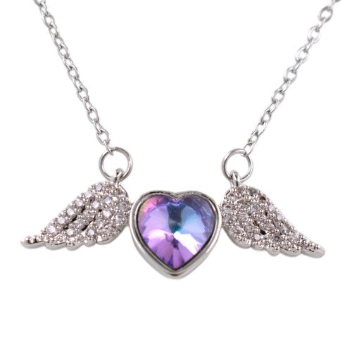Colgante Acero Plateado Corazón Alas Circonita