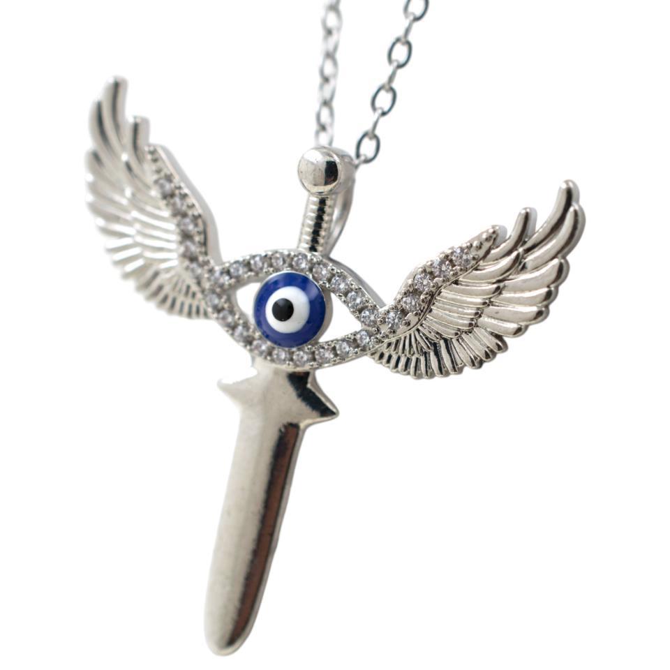 Colgante Acero Plateado Espada Alas Ojo Turco Circ