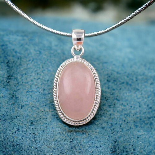 Colgante Ovalado 40mm Plata de Ley 925 LABRADO MINERAL CUARZO ROSA REF 1190