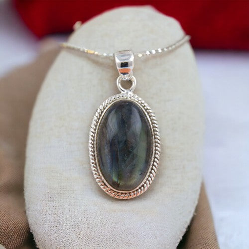 Colgante Ovalado 40mm Plata de Ley 925 LABRADO MINERAL LABRADORITA REF 1190