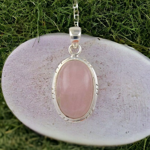 Colgante Ovalado 40mm Plata de Ley 925 LISO MINERAL CUARZO ROSA REF 1190