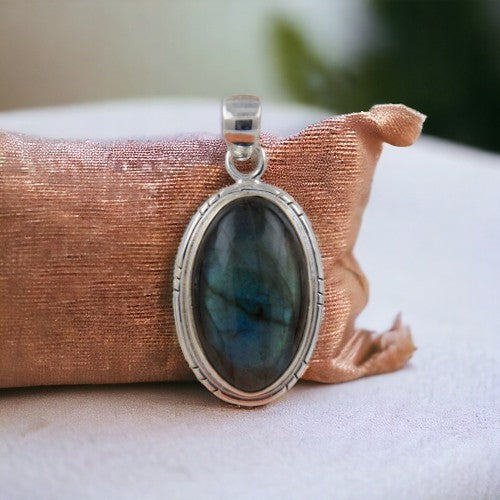 Colgante Ovalado 40mm Plata de Ley 925 LISO MINERAL LABRADORITA REF 1190