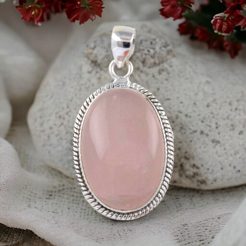 Colgante Ovalado 45mm Plata de Ley 925 LABRADO MINERAL CUARZO ROSA REF 1490