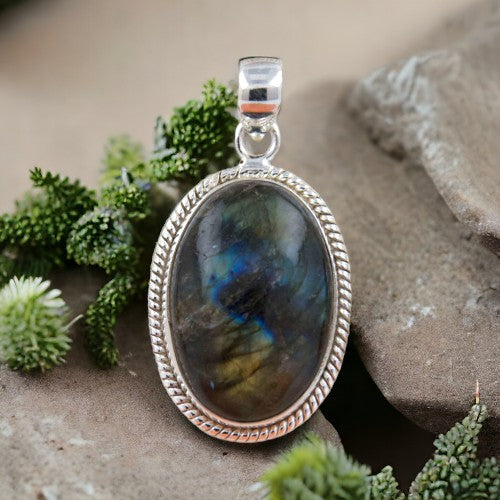 Colgante Ovalado 45mm Plata de Ley 925 LABRADO MINERAL LABRADORITA REF 1490