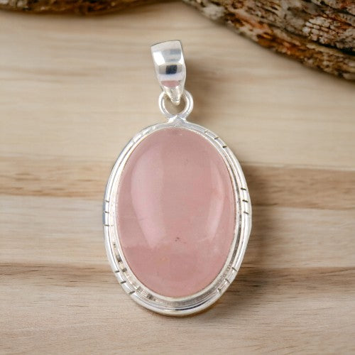 Colgante Ovalado 45mm Plata de Ley 925 LISO MINERAL CUARZO ROSA REF 1490