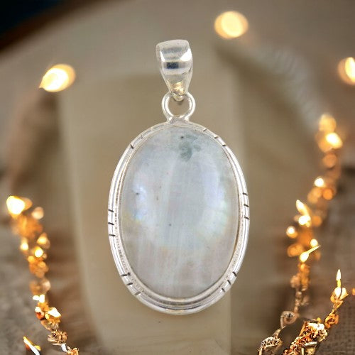 Colgante Ovalado 45mm Plata de Ley 925 LISO MINERAL PIEDRA LUNA REF 1490