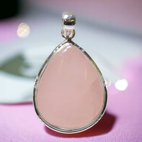 Colgante gota Plata de Ley 925 LISO MINERAL CUARZO ROSA REF 1990