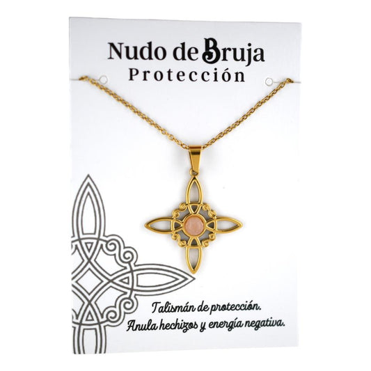 Colgante acero dorado Nudo de Bruja Cuarzo Rosa -6