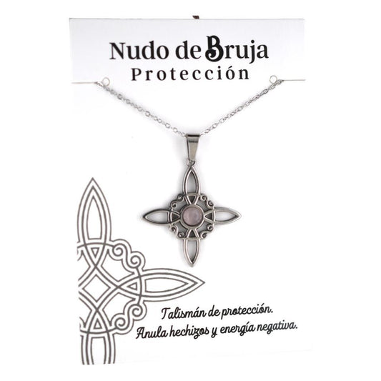 Colgante acero plateado Nudo de Bruja Cuarzo Rosa6