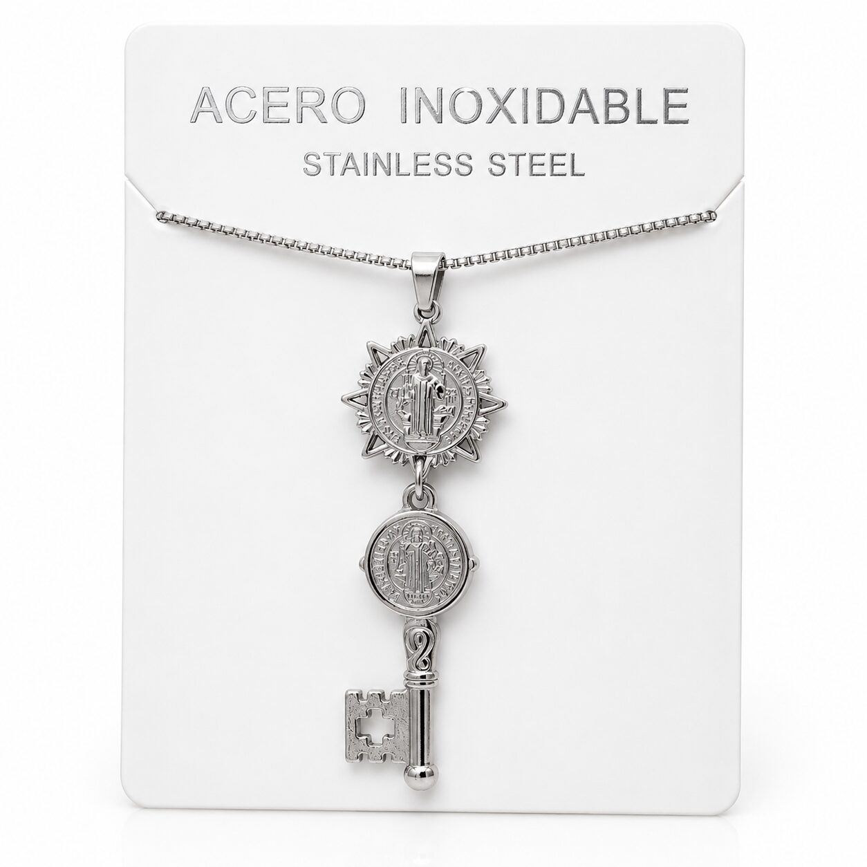 Collar Llave de San Benito de Acero Inoxidable Plateado