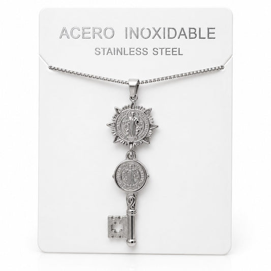 Collar Llave de San Benito de Acero Inoxidable Plateado