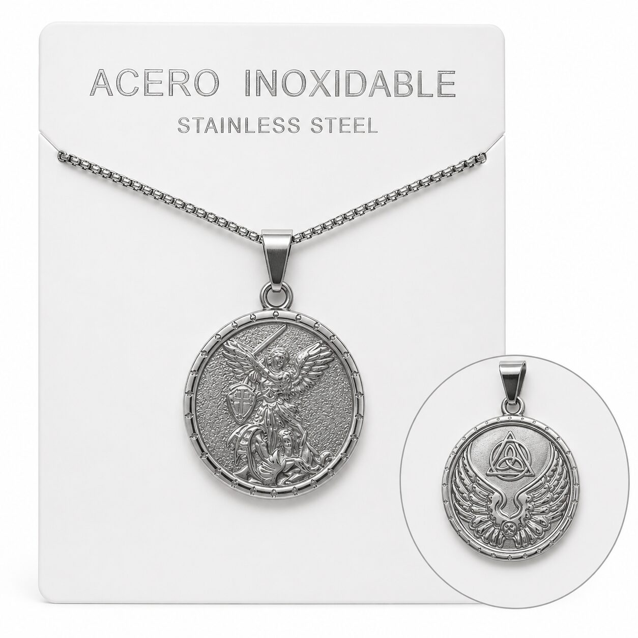 Collar San Miguel Arcángel de Acero Inoxidable Plateado