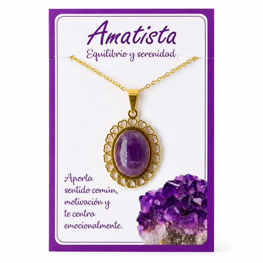 Collar de Amatista con Colgante de Corazones de Acero Inoxidable Dorado