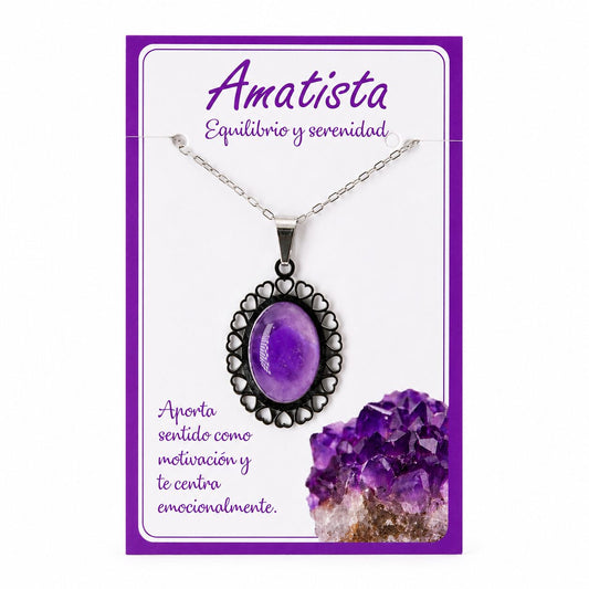 Collar de Amatista con Colgante de Corazones de Acero Inoxidable Plateado