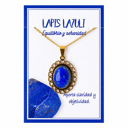Collar de Lapislázuli con Colgante de Corazones de Acero Inoxidable Dorado