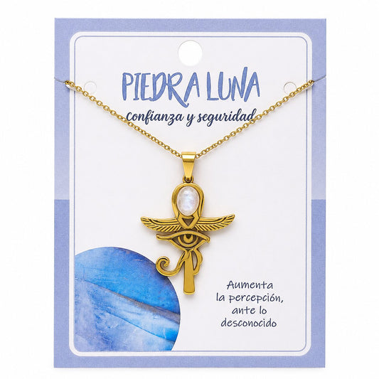 Collar Cruz Ankh Egipcia y Ojo de Horus de Acero Inoxidable Dorado con Piedra Luna pequeña