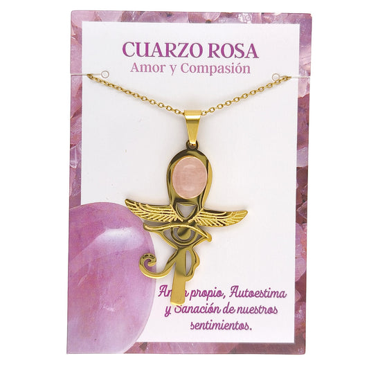 Collar Cruz Ankh Egipcia y Ojo de Horus de Acero Inoxidable Dorado con Cuarzo Rosa grande
