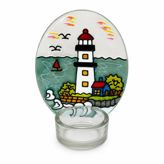 Portavelas de Cristal con Faro Decorativo en Vidrio Pintado