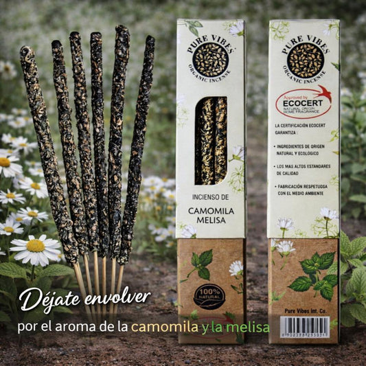 Incienso orgánico Pure Vibes CAMOMILA - MELISA Pack 12 cajas