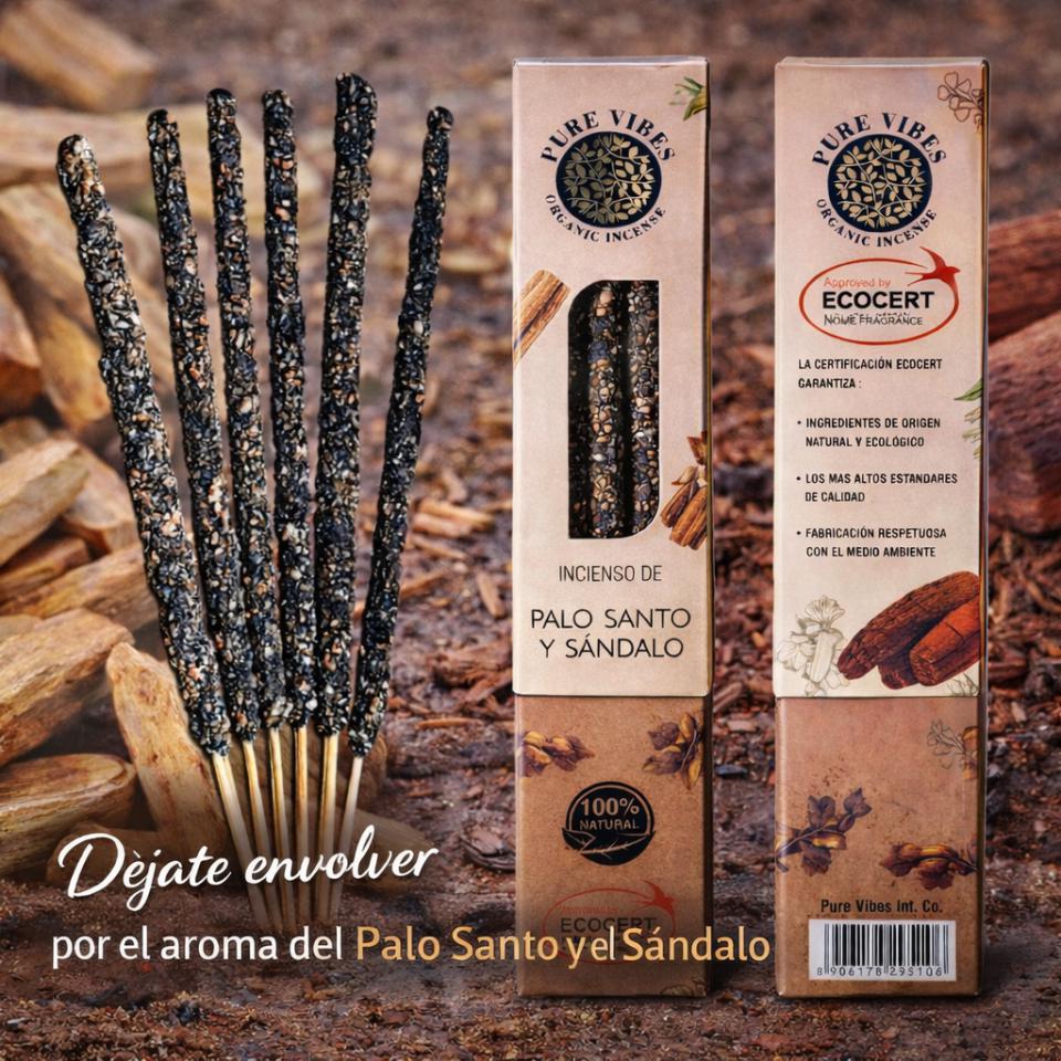 Incienso orgánico Pure Vibes PALO SANTO - SÁNDALO Pack 12 cajas