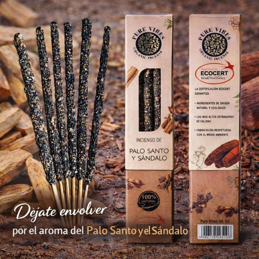Incienso orgánico Pure Vibes PALO SANTO - SÁNDALO Pack 12 cajas