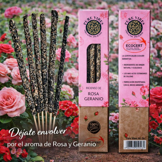 Incienso orgánico Pure Vibes ROSA - GERANIO Pack 12 cajas