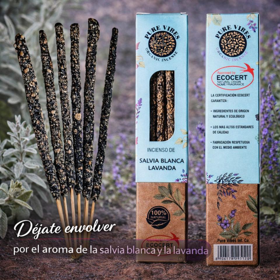 Incienso orgánico Pure Vibes SALVIA BLANCA LAVANDA Pack 12 cajas