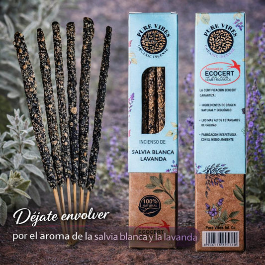Incienso orgánico Pure Vibes SALVIA BLANCA LAVANDA Pack 12 cajas