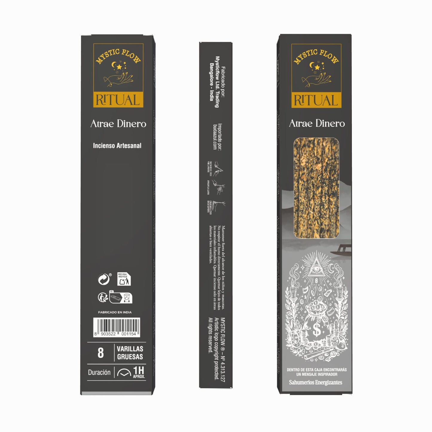 Incienso Ritual Atrae Dinero Mystic Flow | Caja con 12 Cajitas de 8 Varillas Gruesas