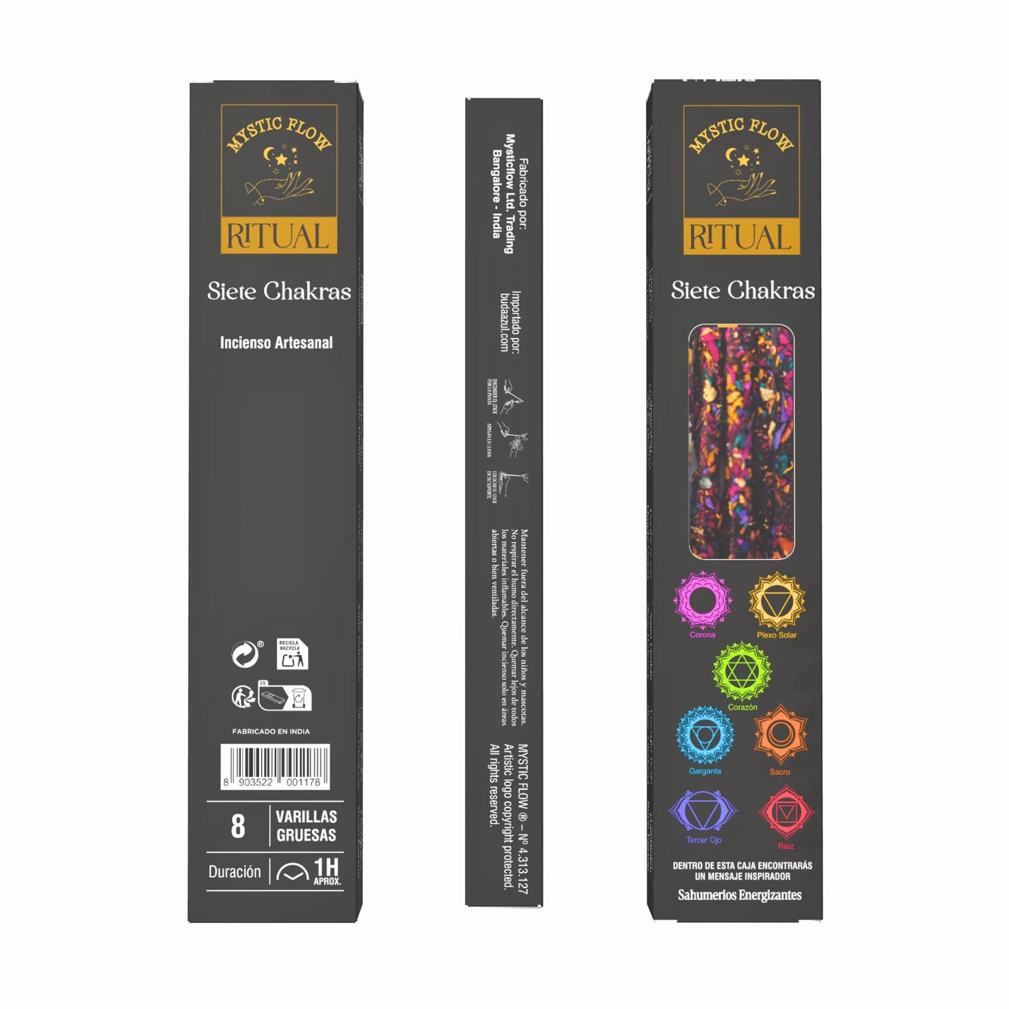 Incienso Ritual Siete Chakras Mystic Flow | Caja con 12 Cajitas de 8 Varillas Gruesas