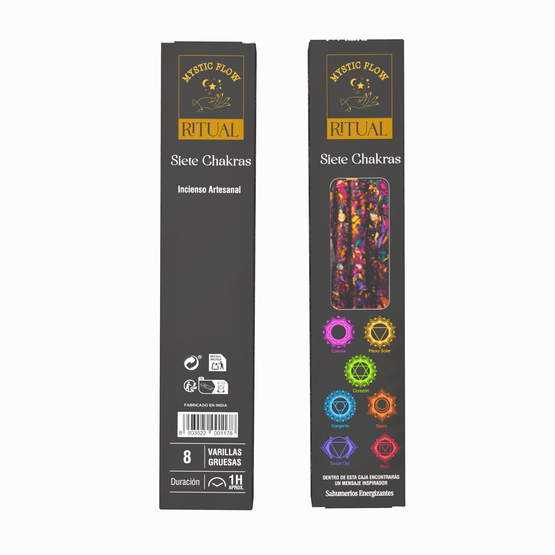 Incienso Ritual Siete Chakras Mystic Flow | Caja con 12 Cajitas de 8 Varillas Gruesas