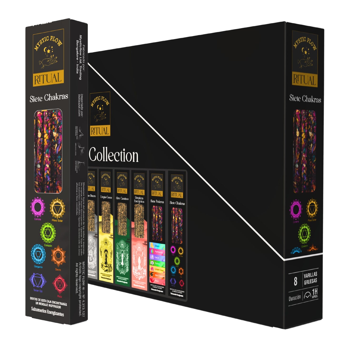 Incienso Ritual Siete Chakras Mystic Flow | Caja con 12 Cajitas de 8 Varillas Gruesas