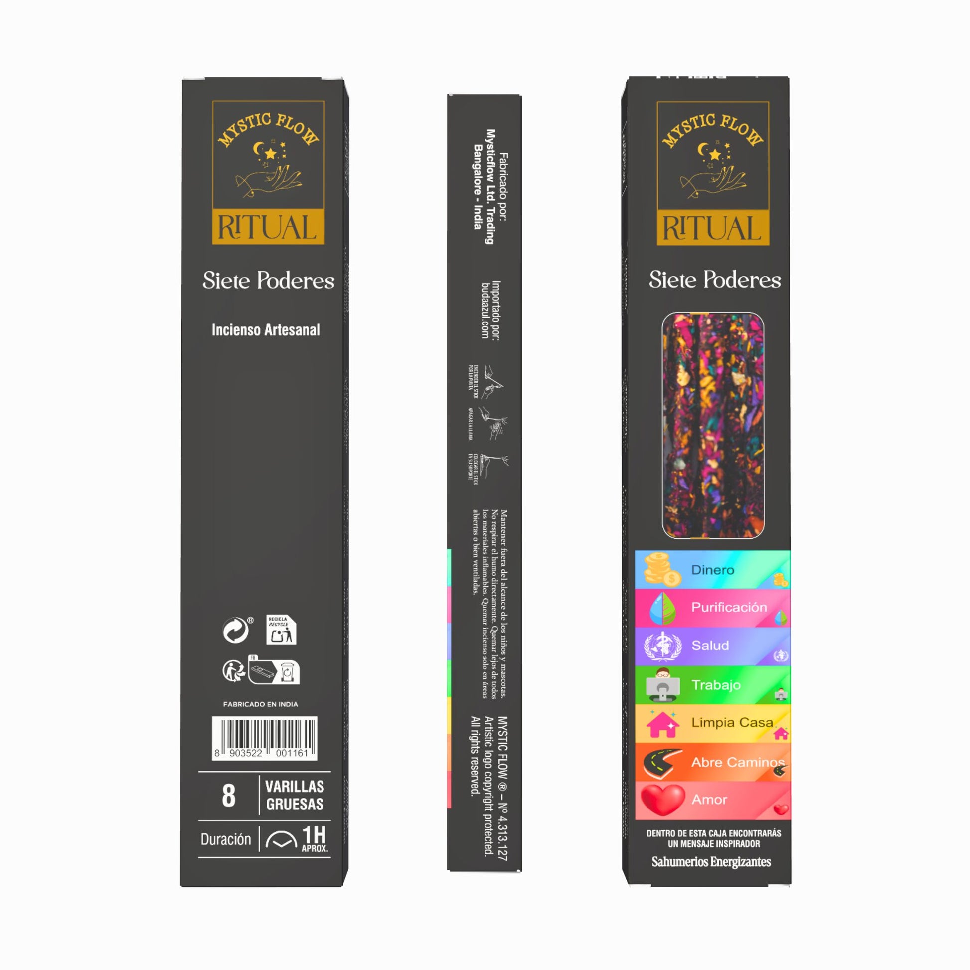 Incienso Ritual Siete Poderes Mystic Flow | Caja con 12 Cajitas de 8 Varillas Gruesas