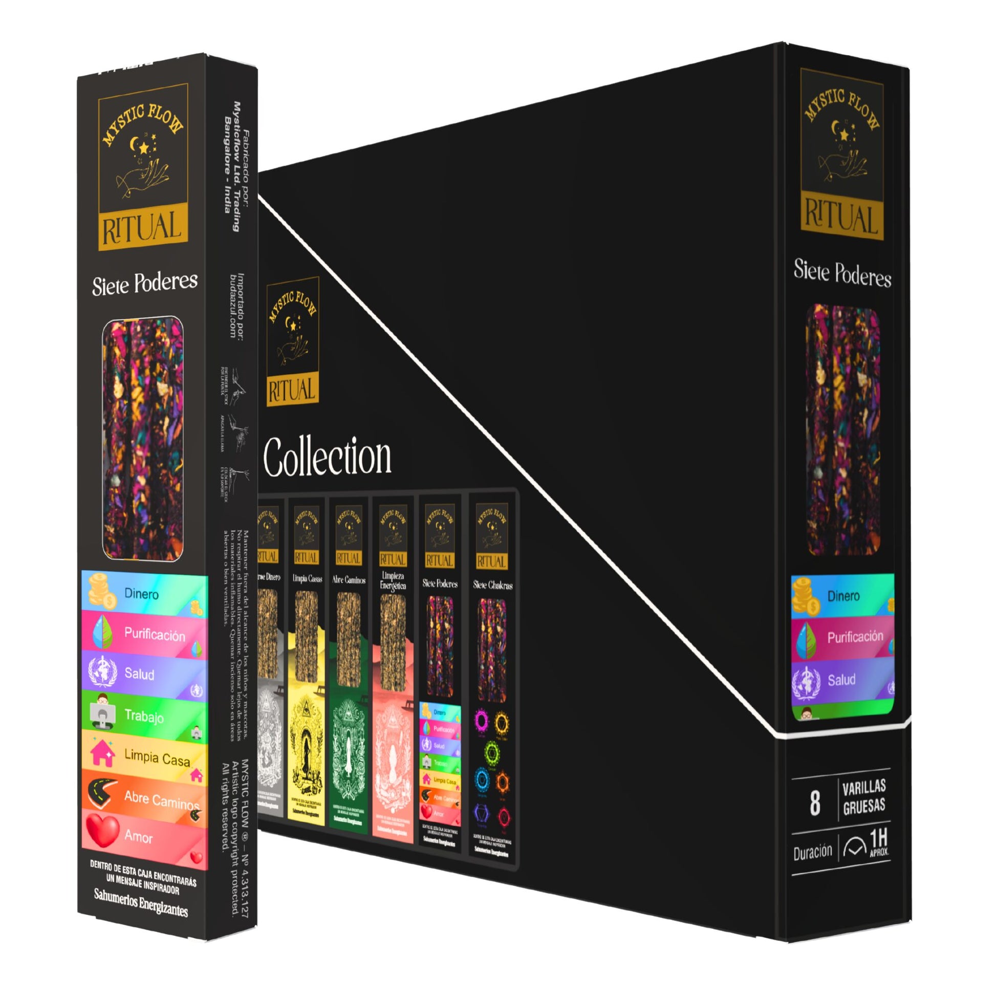 Incienso Ritual Siete Poderes Mystic Flow | Caja con 12 Cajitas de 8 Varillas Gruesas