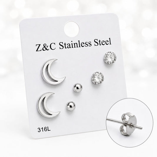 Pack de Pendientes Luna, Esfera y Circonita de Acero Inoxidable 316L Plateado
