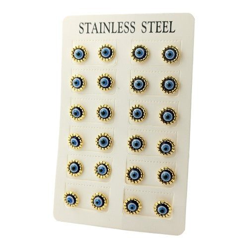 Pendientes Acero Dorado Ojo Turco Azul labrado