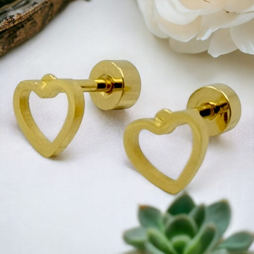 Pendientes Acero Dorado Roscado Corazón