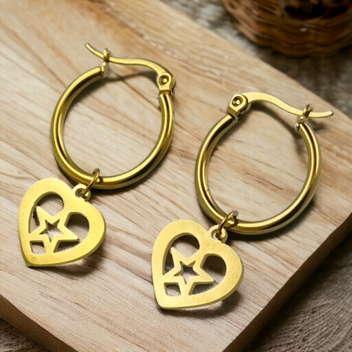 Pendientes Argollas Acero Dorado Corazón Estrella