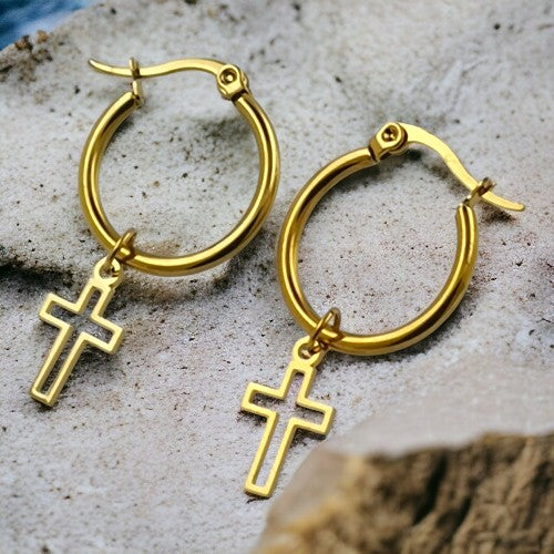 Pendientes Argollas Acero Dorado Cruz