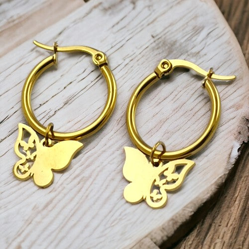 Pendientes Argollas Acero Dorado Mariposa