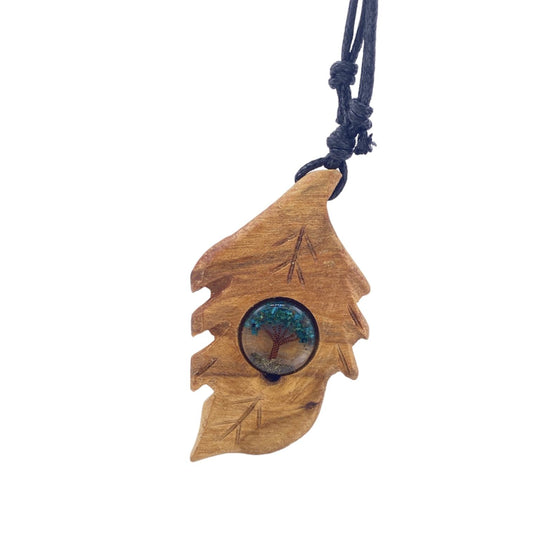 COLGANTE PALO SANTO HOJA CON ARBOL MINERAL CRISOCOLA