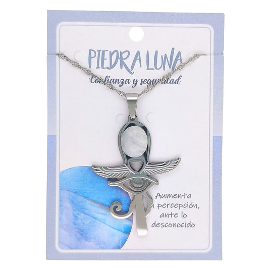 Collar Cruz Ankh Egipcia y Ojo de Horus de Acero Inoxidable Plateado con Piedra Luna grande